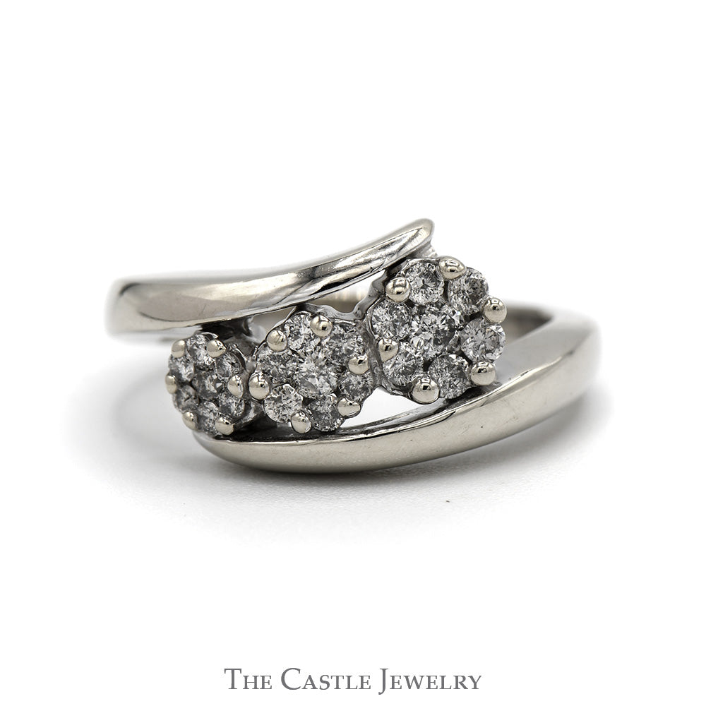 Triple Diamond Flower Cluster Ring with Bypass Design in 14k White Gold