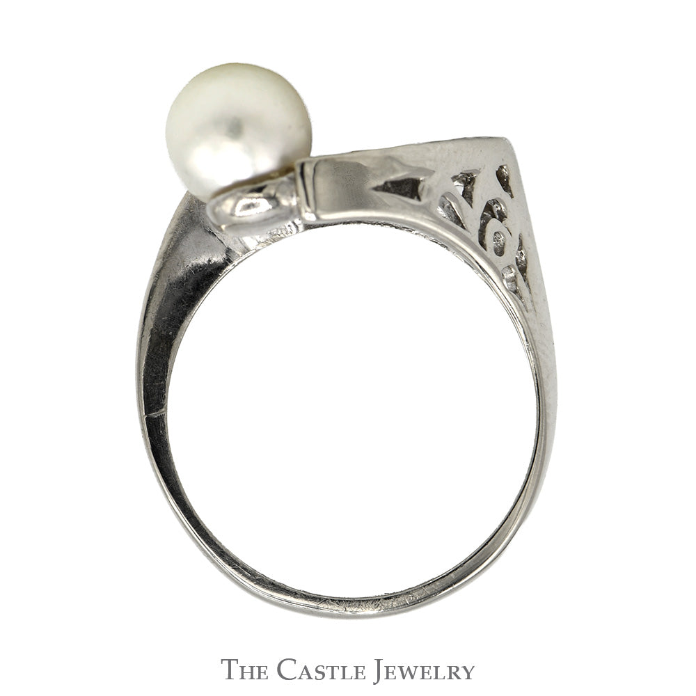 Curved Open Freeform Pearl Ring with Diamond Accents in 14k White Gold