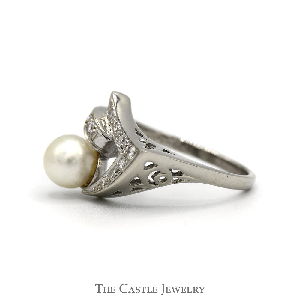 Curved Open Freeform Pearl Ring with Diamond Accents in 14k White Gold