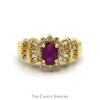 Oval Ruby Ring with Diamond Halo and Baguette Cut Accented Sides in 14k Yellow Gold - Thumbnail 1