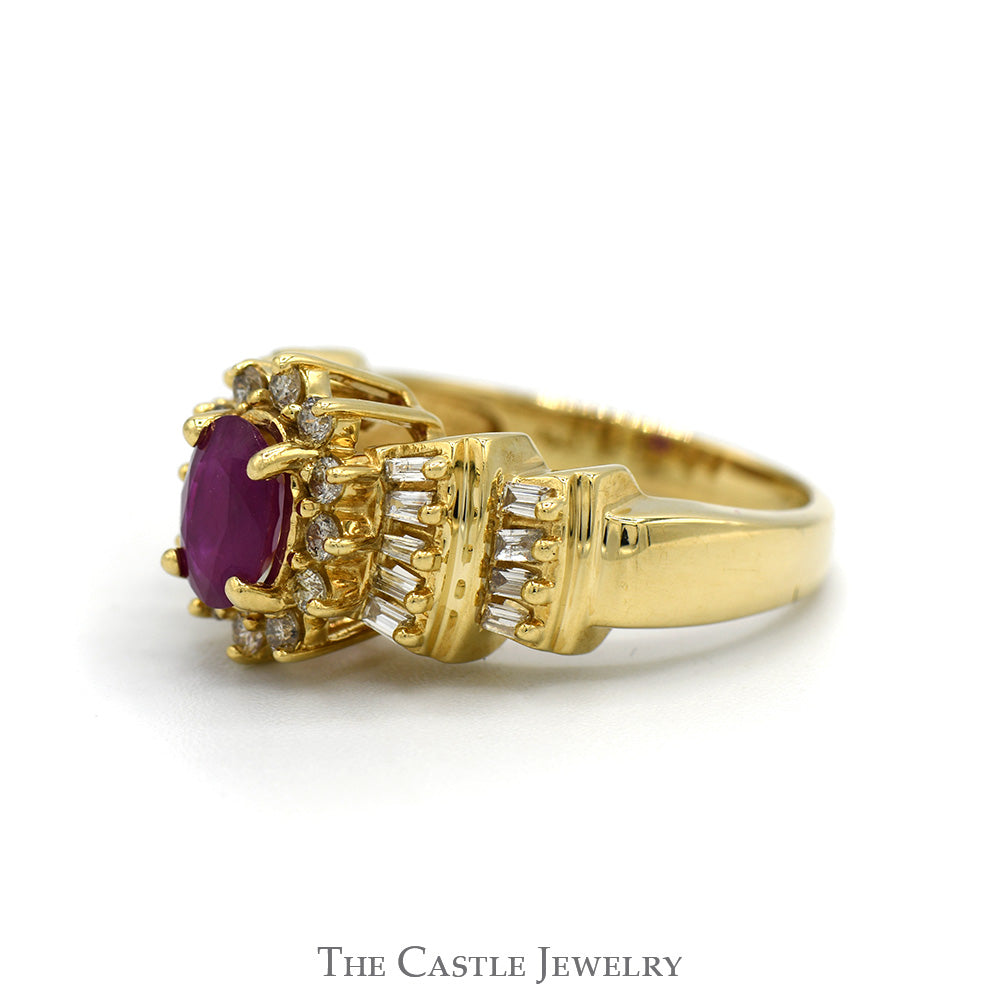 Oval Ruby Ring with Diamond Halo and Baguette Cut Accented Sides in 14k Yellow Gold