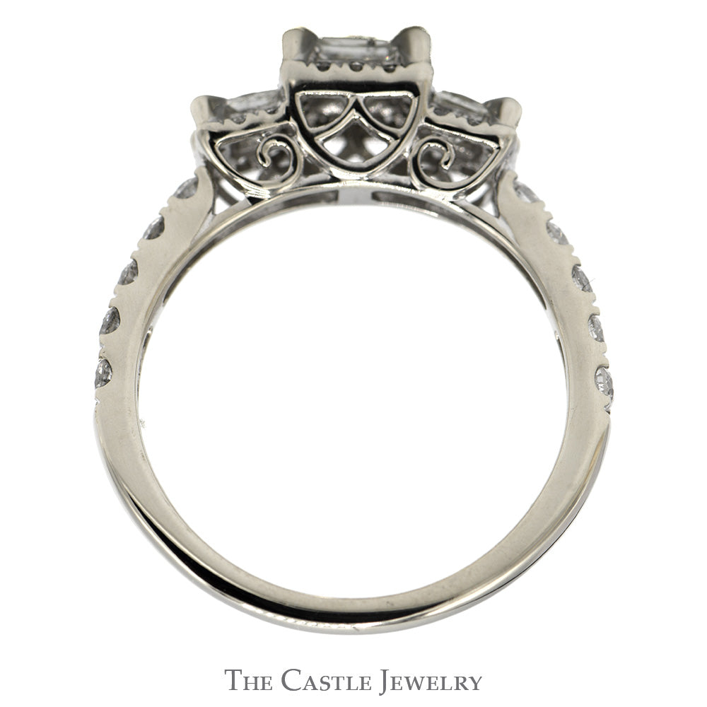 1cttw Three Stone Princess Cut Diamond Engagement Ring with Round Diamond Accents in 10k White Gold