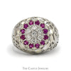 Ruby & Diamond Kentucky Cluster Ring with Open Filigree Sides in 10k White Gold - Thumbnail 1