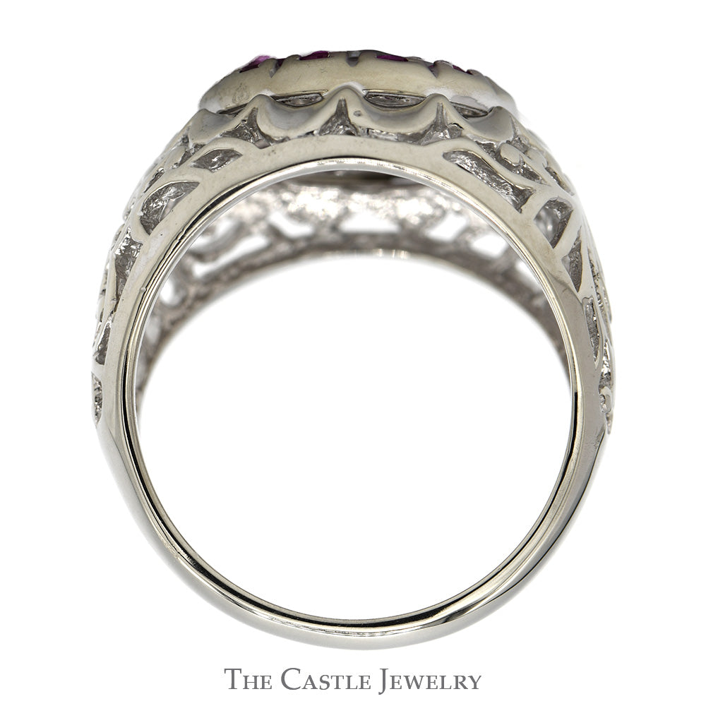 Ruby & Diamond Kentucky Cluster Ring with Open Filigree Sides in 10k White Gold