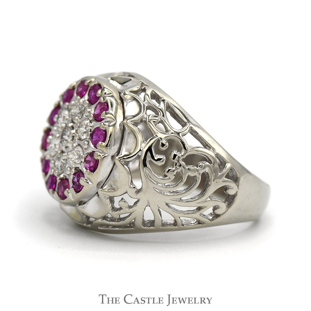 Ruby & Diamond Kentucky Cluster Ring with Open Filigree Sides in 10k White Gold