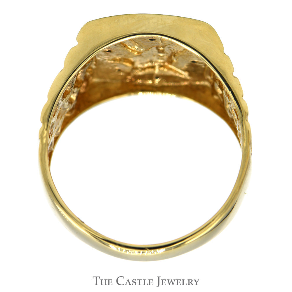 Men's Two Tone Eagle Signet Ring with Illusion Set Diamond Accents and Nugget Sides in 10k Yellow Gold