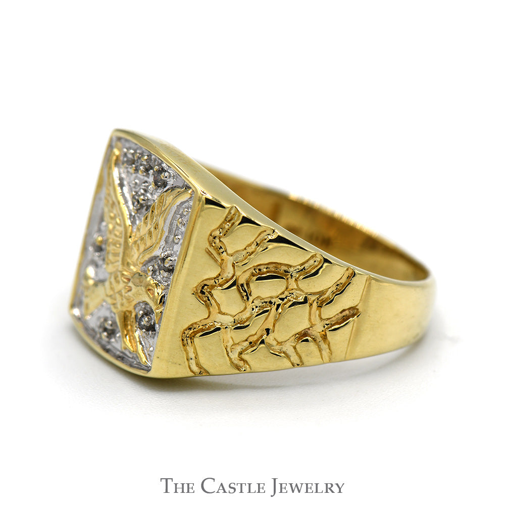 Men's Two Tone Eagle Signet Ring with Illusion Set Diamond Accents and Nugget Sides in 10k Yellow Gold