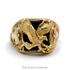 Black Onyx Eagle Ring with Two Tone Leaf Designed Sides in 10k Tri Tone Yellow, Rose & White Gold - Thumbnail 1