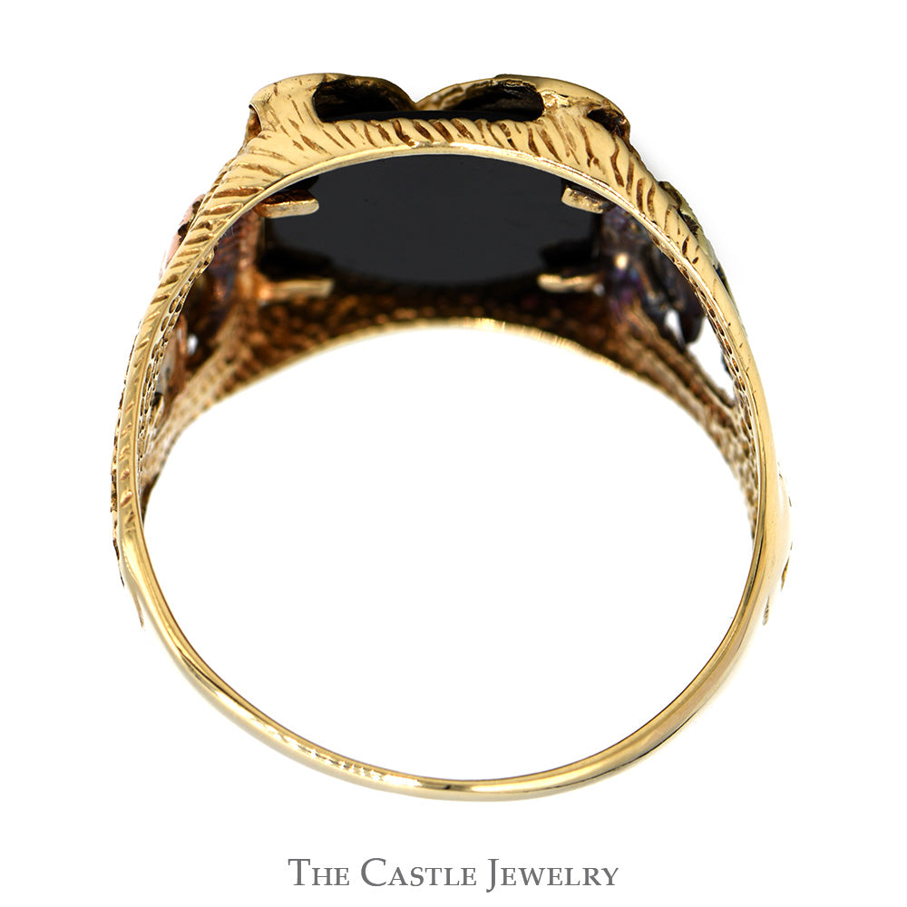 Black Onyx Eagle Ring with Two Tone Leaf Designed Sides in 10k Tri Tone Yellow, Rose & White Gold