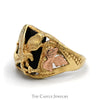 Black Onyx Eagle Ring with Two Tone Leaf Designed Sides in 10k Tri Tone Yellow, Rose & White Gold - Thumbnail 3