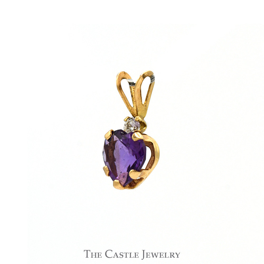 Heart Cut Amethyst Solitaire Pendant with Cubic Zirconia Accent in 10k Yellow Gold Split Bail