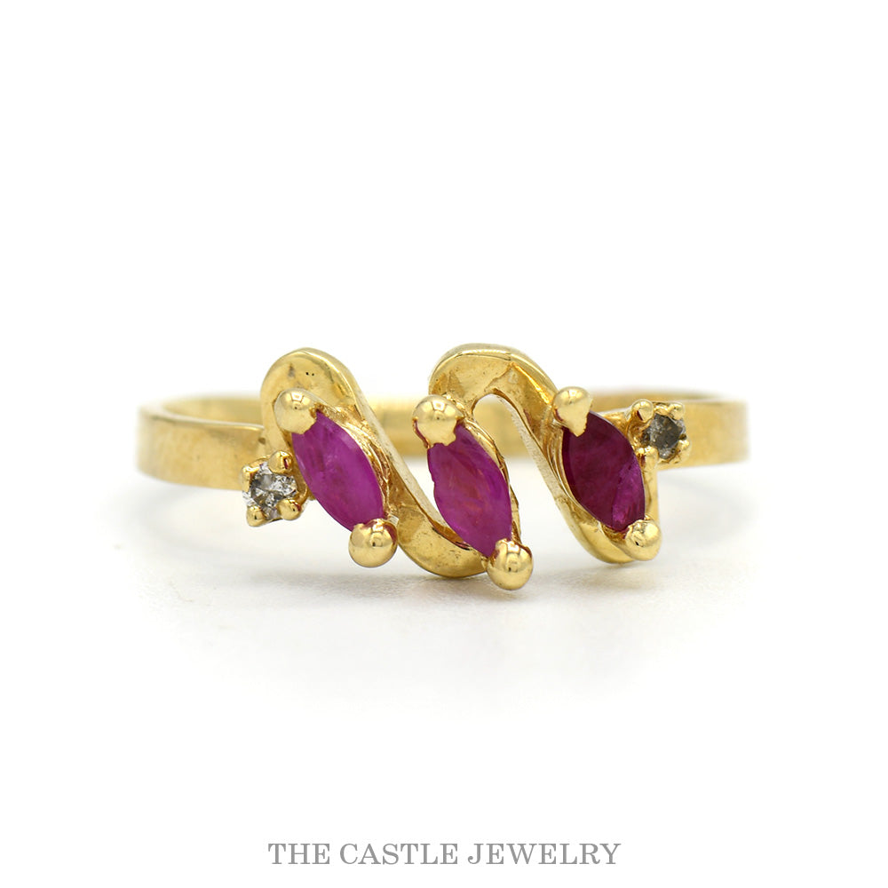 Triple Marquise Cut Ruby Ring with Diamond Accents in 10k Yellow Gold