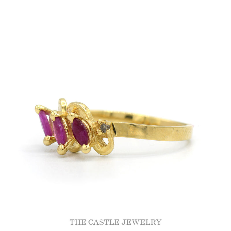 Triple Marquise Cut Ruby Ring with Diamond Accents in 10k Yellow Gold