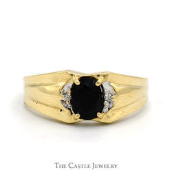 Oval Shaped Black Onyx Men's Ring with Diamond Accents in 14k Yellow Gold Grooved Mounting