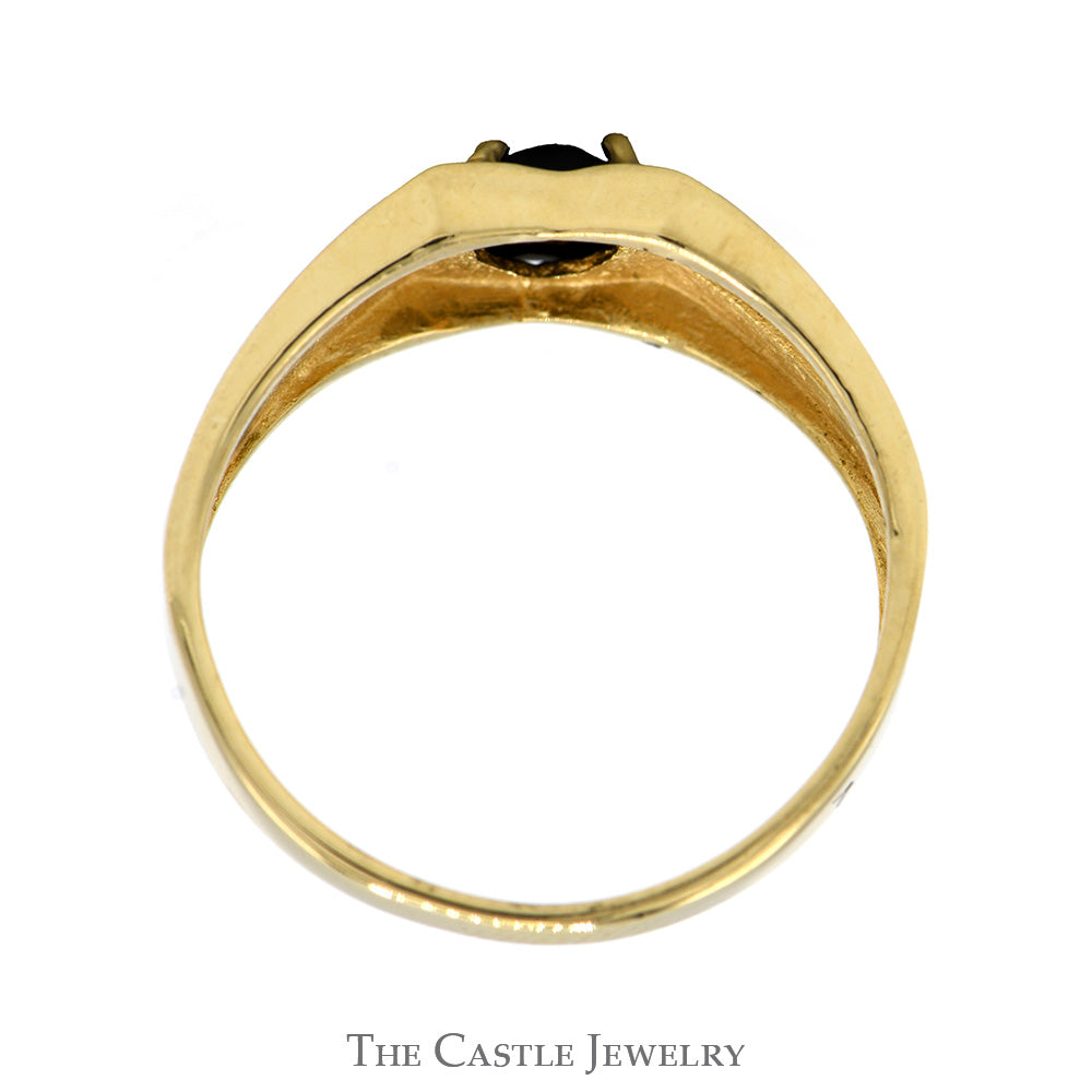 Oval Shaped Black Onyx Men's Ring with Diamond Accents in 14k Yellow Gold Grooved Mounting