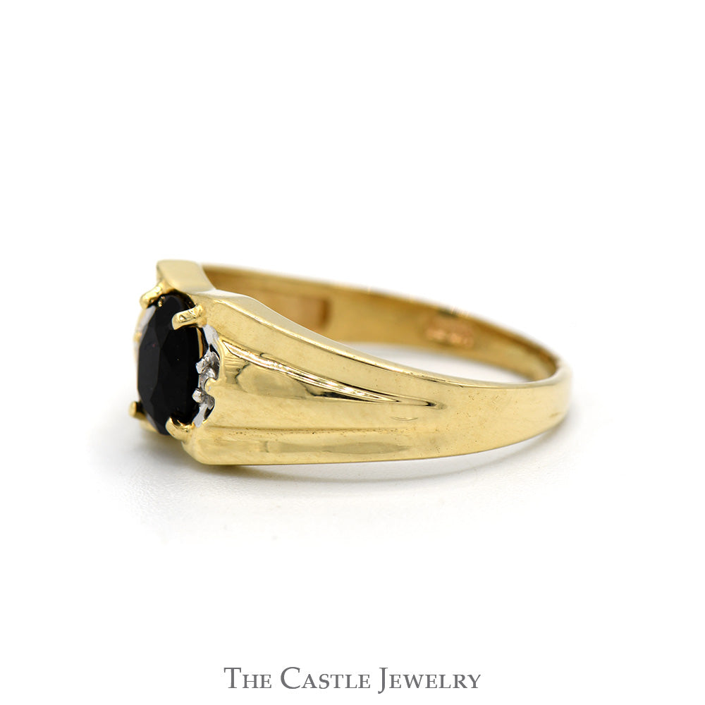 Oval Shaped Black Onyx Men's Ring with Diamond Accents in 14k Yellow Gold Grooved Mounting