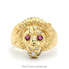 Lion Head Ring with Ruby Eyes & Diamond Accents in 10k Yellow Gold - Thumbnail 1