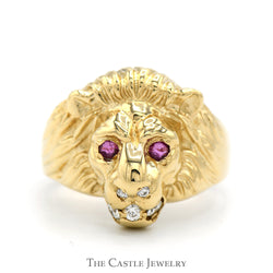 Lion Head Ring with Ruby Eyes & Diamond Accents in 10k Yellow Gold