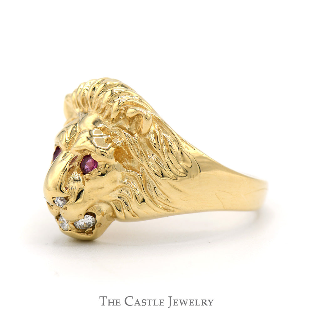 Lion Head Ring with Ruby Eyes & Diamond Accents in 10k Yellow Gold
