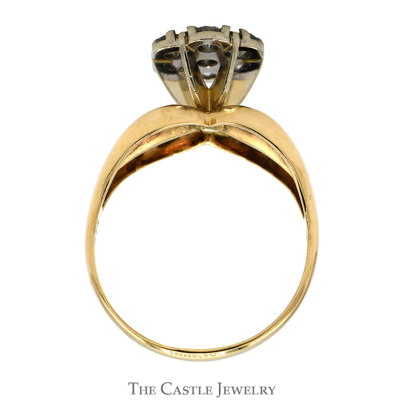 1cttw Round 7 Diamond Cluster Ring with Brushed Concaved Sides in 14k Yellow Gold