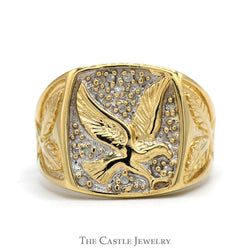 Eagle Designed Ring with Illusion Set Diamond Accents and Leaf Designed Sides in 10k Yellow Gold