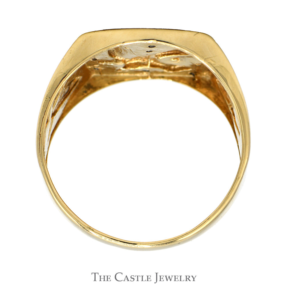 Eagle Designed Ring with Illusion Set Diamond Accents and Leaf Designed Sides in 10k Yellow Gold