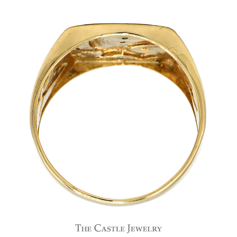 Eagle Designed Ring with Illusion Set Diamond Accents and Leaf Designed Sides in 10k Yellow Gold