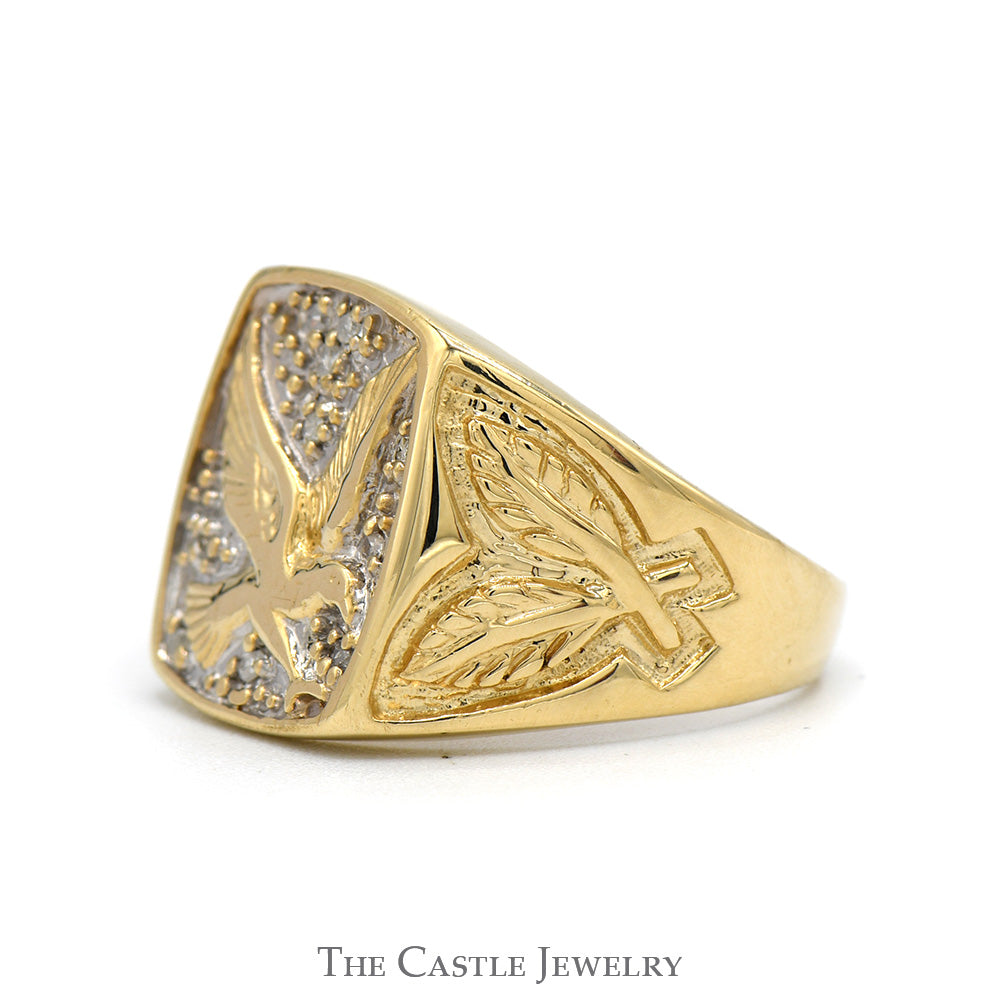 Eagle Designed Ring with Illusion Set Diamond Accents and Leaf Designed Sides in 10k Yellow Gold