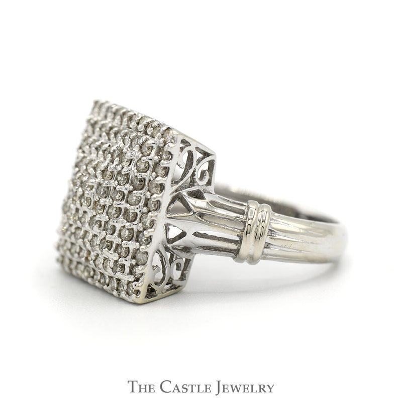 1cttw Square Shaped Diamond Cluster Ring with Bar Designed Sides in 14k White Gold