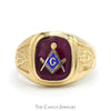 Square & Compass Masonic Ring on Red Stone with Side Symbols in 10k Yellow Gold - Thumbnail 1