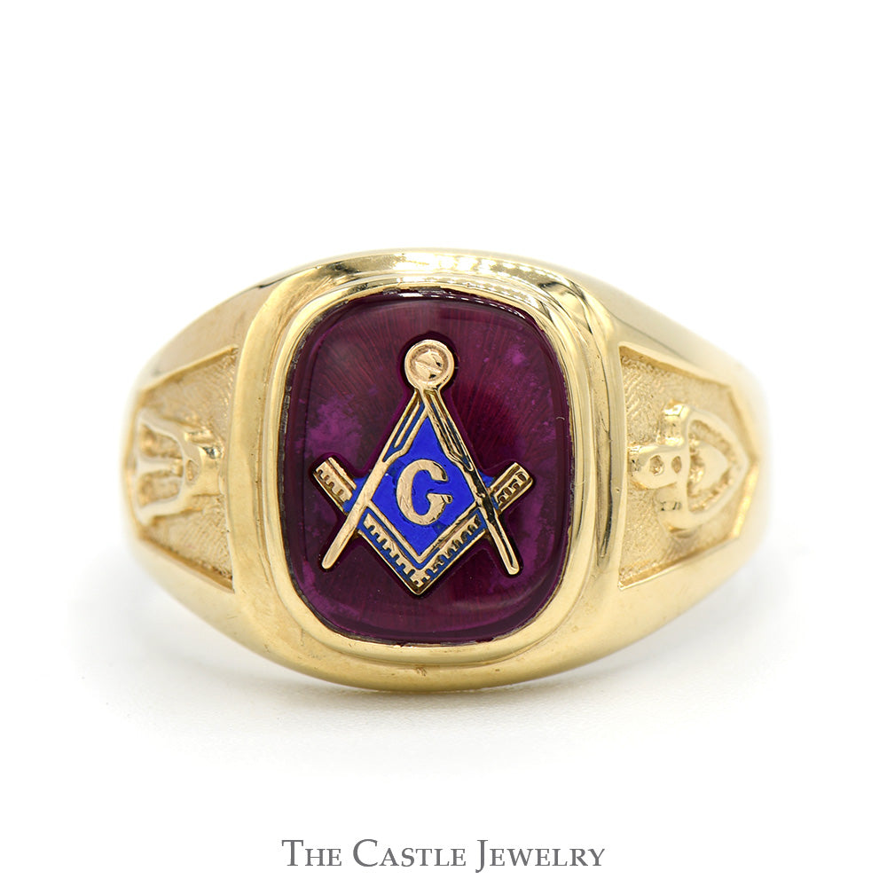 Square & Compass Masonic Ring on Red Stone with Side Symbols in 10k Yellow Gold