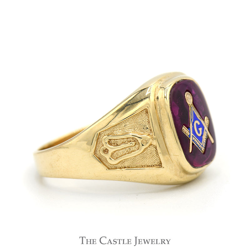 Square & Compass Masonic Ring on Red Stone with Side Symbols in 10k Yellow Gold