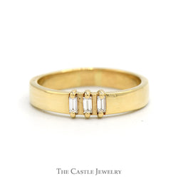 Three Stone Baguette Diamond Ring with 4mm Polished Sides in 14k Yellow Gold