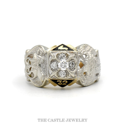 10k two-tone Scottish Rite 32nd degree Masonic ring with diamond cluster — top view
