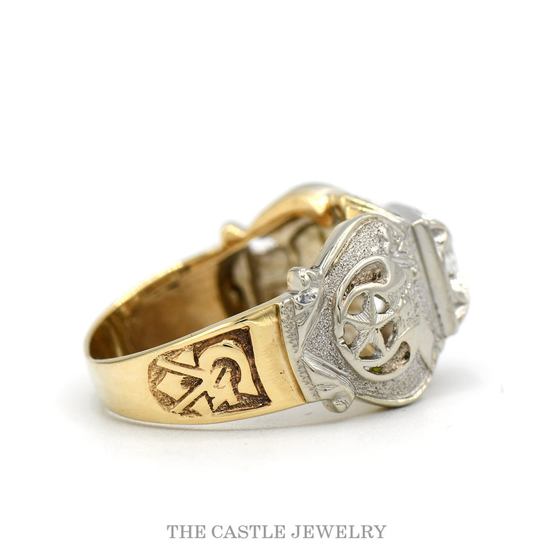 Front-facing view of the 10k two-tone Scottish Rite diamond ring