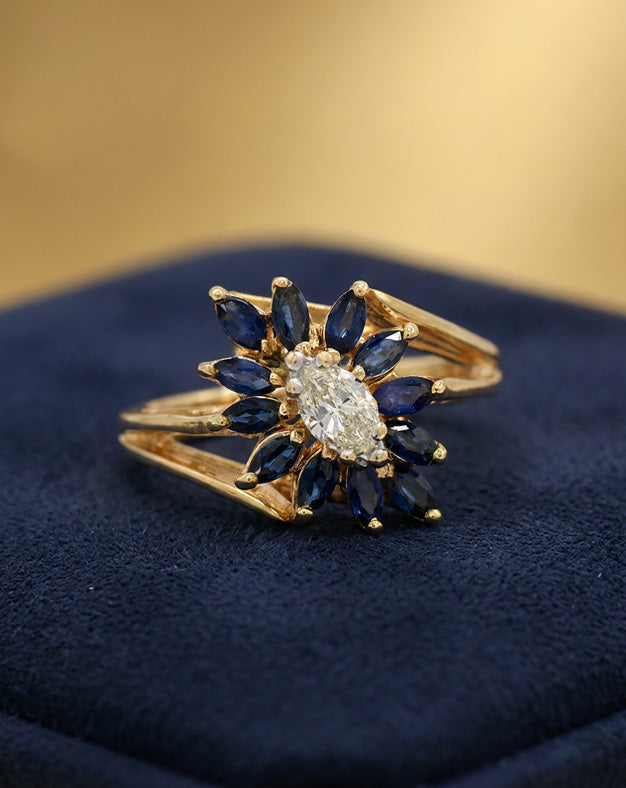 Oval Diamond and Marquise Sapphire Starburst Cluster Ring in 14k Yellow Gold