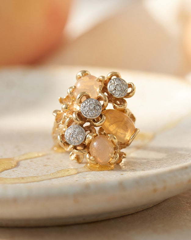 0.15ctw Jelly Opal and Diamond Cocktail Cluster Ring in 14k Yellow Gold