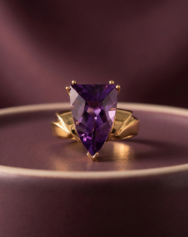 Trillion-Cut Amethyst Solitaire Ring with Sculpted Shoulders in 10k Yellow Gold