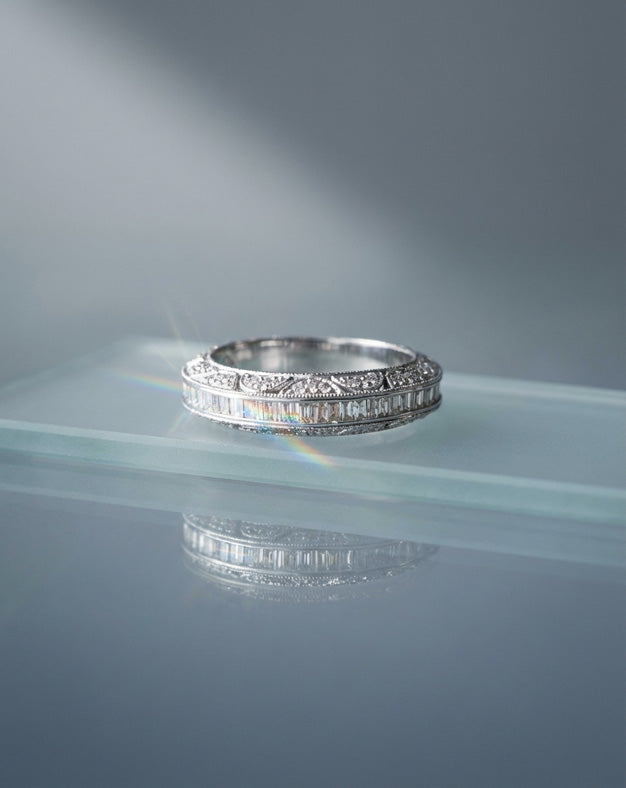 1.00ctw Baguette and Round Diamond Wedding Band with Marquise Filigree Top Edge in 14k White Gold