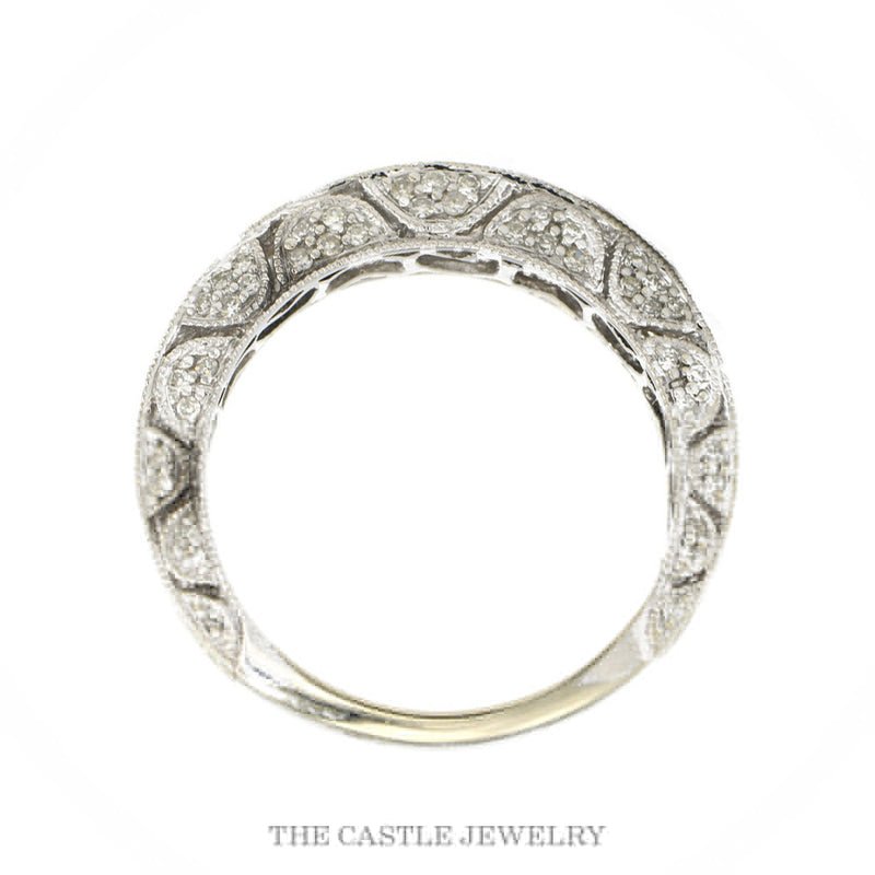 Front-facing view of the 14k white gold baguette and pavé filigree diamond band
