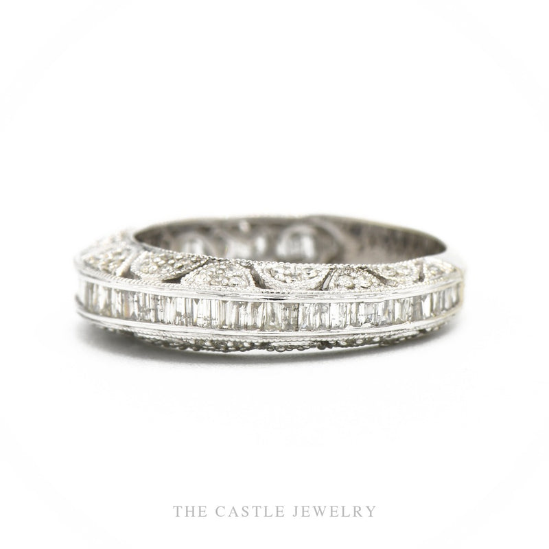 Side profile of the 14k white gold baguette diamond band showing band thickness and milgrained edges