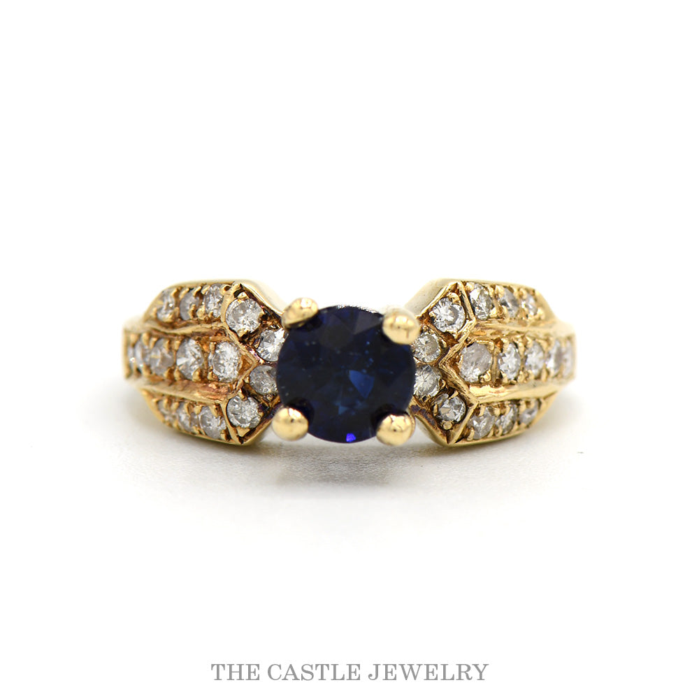 Round Sapphire Solitaire Ring with Diamond Cluster Accented Sides in 14k Yellow Gold