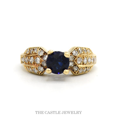 Round Sapphire Solitaire Ring with Diamond Cluster Accented Sides in 14k Yellow Gold