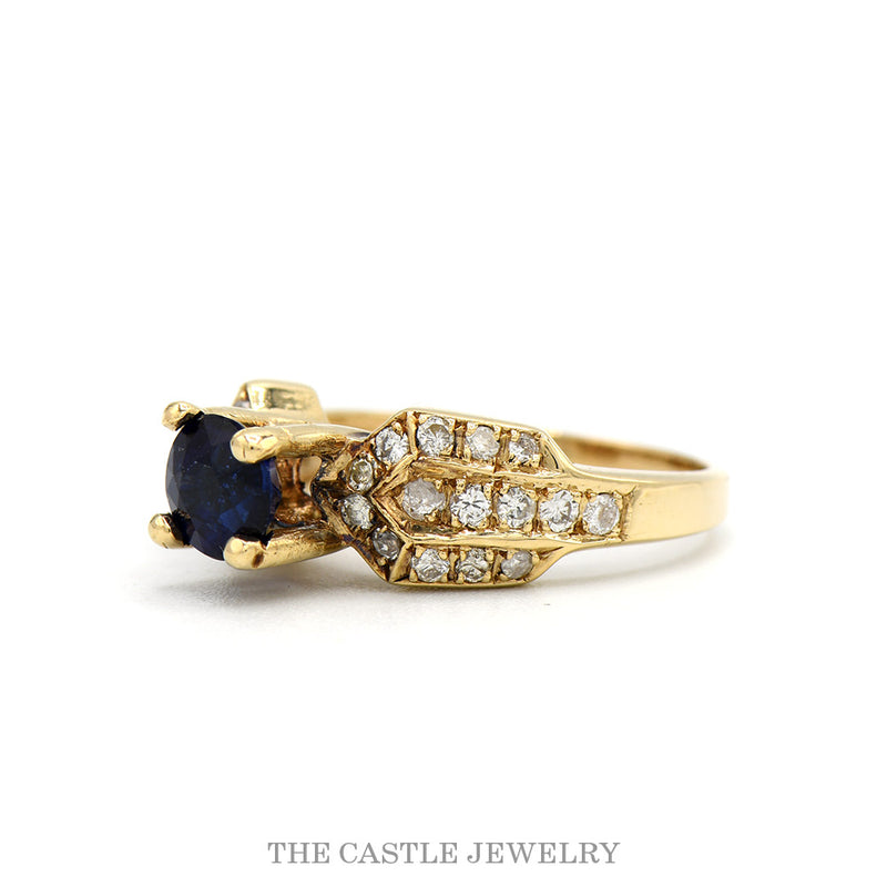 Round Sapphire Solitaire Ring with Diamond Cluster Accented Sides in 14k Yellow Gold