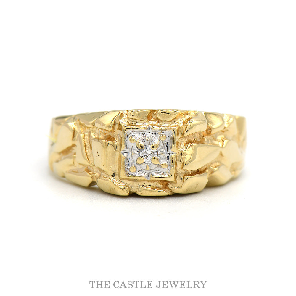 Textured Nugget Style Ring with Diamond Solitaire Accent in 10k Yellow Gold