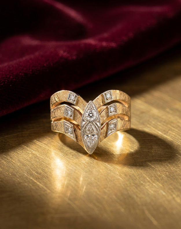 0.90ctw Marquise Diamond Chevron V-Ring with Three-Row Diamond Sides in 14k Yellow Gold