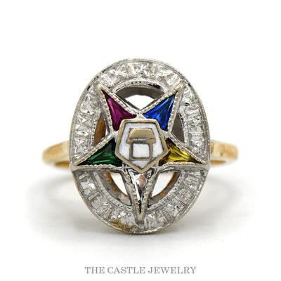 10k yellow gold Order of the Eastern Star ring with colored stones — top view
