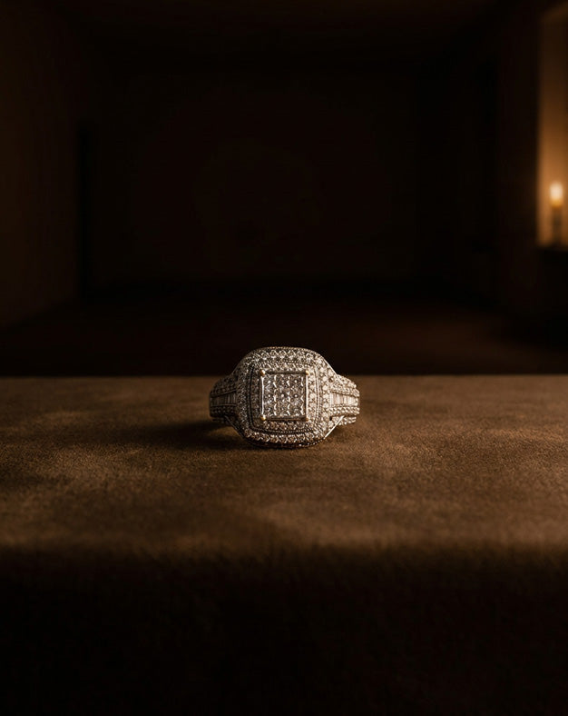 Double Halo 1cttw Invisible Set Princess Cut Cluster Ring with Baguette Sides in 10k White Gold