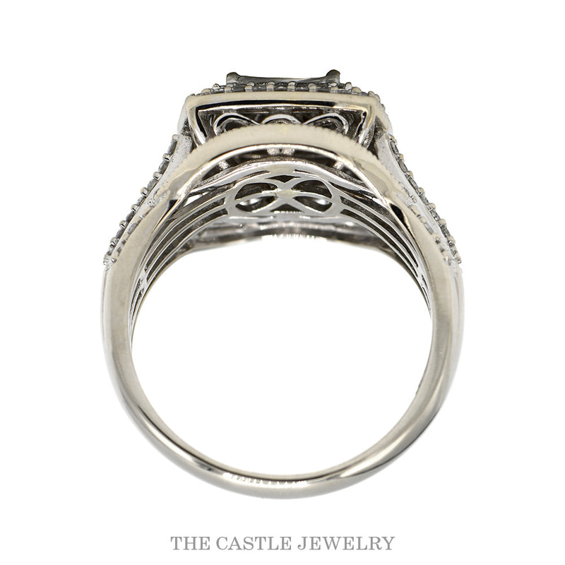 Front-facing view of the 1cttw invisible set princess cut cluster ring in 10k white gold