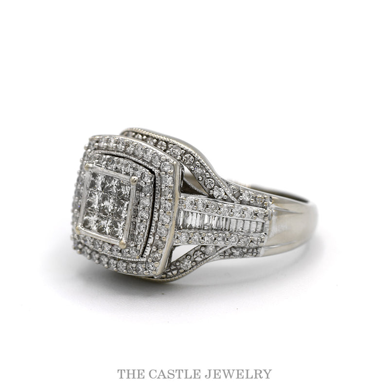 Side profile of the invisible set cluster ring showing the baguette sides